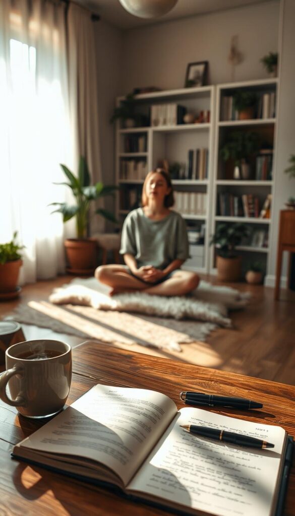 Serene morning meditation in a cozy, sunlit room. Foreground features a wooden table with a steaming mug of tea, an open journal, and a calligraphy pen. Middle ground shows a person sitting cross-legged on a plush rug, eyes closed in contemplation. Soft, diffused lighting filters through sheer curtains, creating a warm, tranquil atmosphere. Bookshelves and potted plants line the background, hinting at a space dedicated to mindfulness and personal growth. Tones are muted and earthy, evoking a sense of grounding and inner peace.