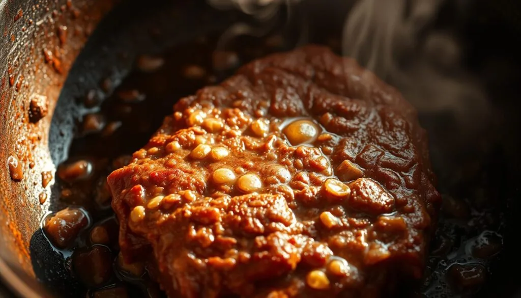 Sizzling browning beef with a golden-brown crust, simmering in a cast-iron skillet under warm, natural lighting. Droplets of fat glisten on the beef's surface, hinting at the rich, savory flavor to come. The skillet's textured metal surface adds depth and character to the scene. Viewed from a low, slightly angled perspective to emphasize the hearty, rustic qualities of the cooking process. A sense of anticipation and mouthwatering aroma fills the air, setting the stage for the creation of a delicious Beef & Quinoa Chili.