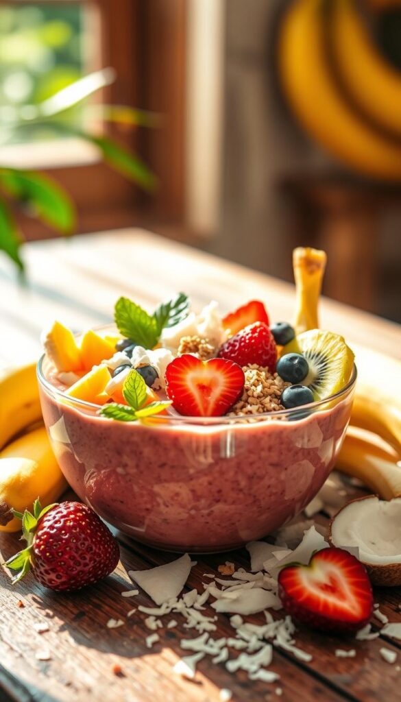 Smoothie bowl filled with colorful tropical fruits, creamy yogurt, and crunchy toppings. Bright natural sunlight illuminates the scene, casting a warm, inviting glow. The bowl is placed on a rustic wooden table, surrounded by fresh ingredients like bananas, strawberries, kiwi, and coconut shreds. Capturing the essence of a nourishing, protein-packed breakfast or snack, the image showcases the vibrant and appetizing nature of this wholesome dish.