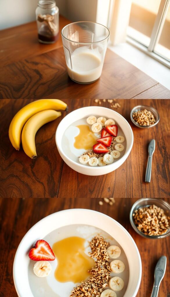 Step-by-step preparation of a creamy banana smoothie bowl. A wooden table is set with a large white ceramic bowl, filled with blended banana, yogurt, and milk. Beside it, various fresh ingredients are neatly arranged: sliced bananas, strawberries, granola, and a drizzle of honey. Warm, natural lighting from a nearby window casts a soft glow, highlighting the vibrant colors and textures. The composition is clean, minimal, and inviting, capturing the essence of a simple yet nourishing breakfast ritual.