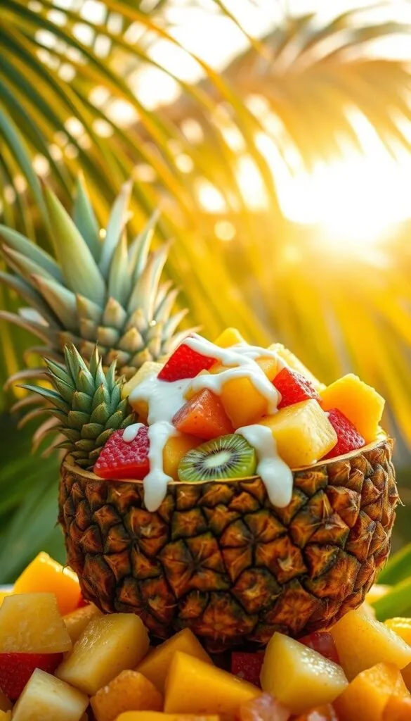 Tropical fruit salad with luscious mango, juicy pineapple, and vibrant kiwi nestled in a hollowed-out pineapple bowl. Creamy coconut dressing drizzled over the fresh, colorful medley. Warm, golden sunshine filters through the leaves of a swaying palm tree, casting a soft glow. Vibrant hues and lush textures create a captivating, summery scene. High-resolution, photorealistic, 4K, natural lighting, detailed, appetizing.