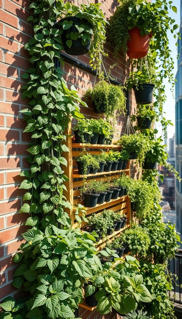 Vertical gardening structures for urban spaces: A lush, multi-tiered arrangement of planters, trellises, and hanging baskets cascading down a brick wall. Sunlight filters through the foliage, casting warm shadows. In the foreground, leafy greens and trailing vines spill over the edges, creating a verdant, living tapestry. The middle ground features a modular, slatted wooden frame supporting a variety of potted vegetables and herbs. In the background, the urban landscape recedes, hinting at the tranquility and productivity this vertical garden brings to the city. Captured with a wide-angle lens, the scene exudes a sense of balance, abundance, and efficient use of limited space.