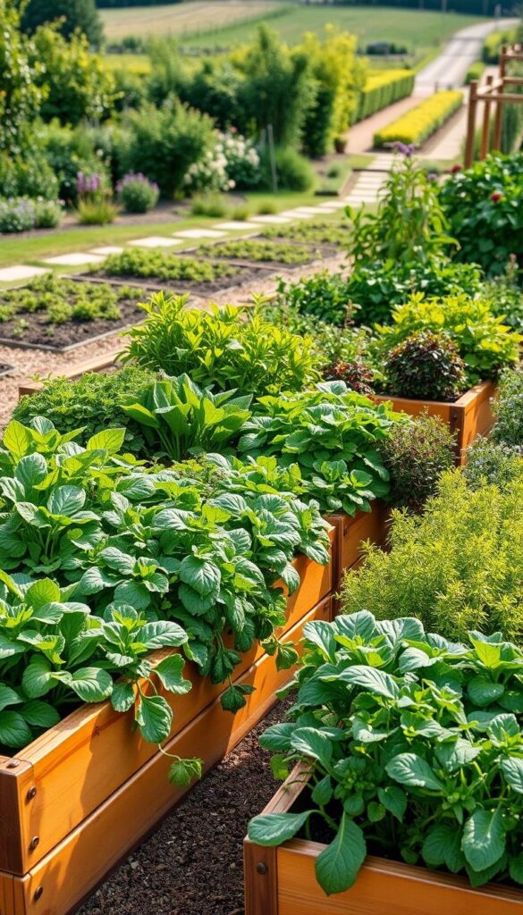 Vibrant raised bed vegetable garden, neatly arranged with a variety of thriving plants. The beds are constructed from warm-toned wood, elevated to waist height for easy tending. Lush, verdant foliage of leafy greens, colorful vegetables, and fragrant herbs cascade over the edges, bathed in soft, natural lighting. In the background, a picturesque garden scene with a path leading through a verdant landscape. The overall composition conveys a sense of abundance, order, and the joy of homegrown produce.