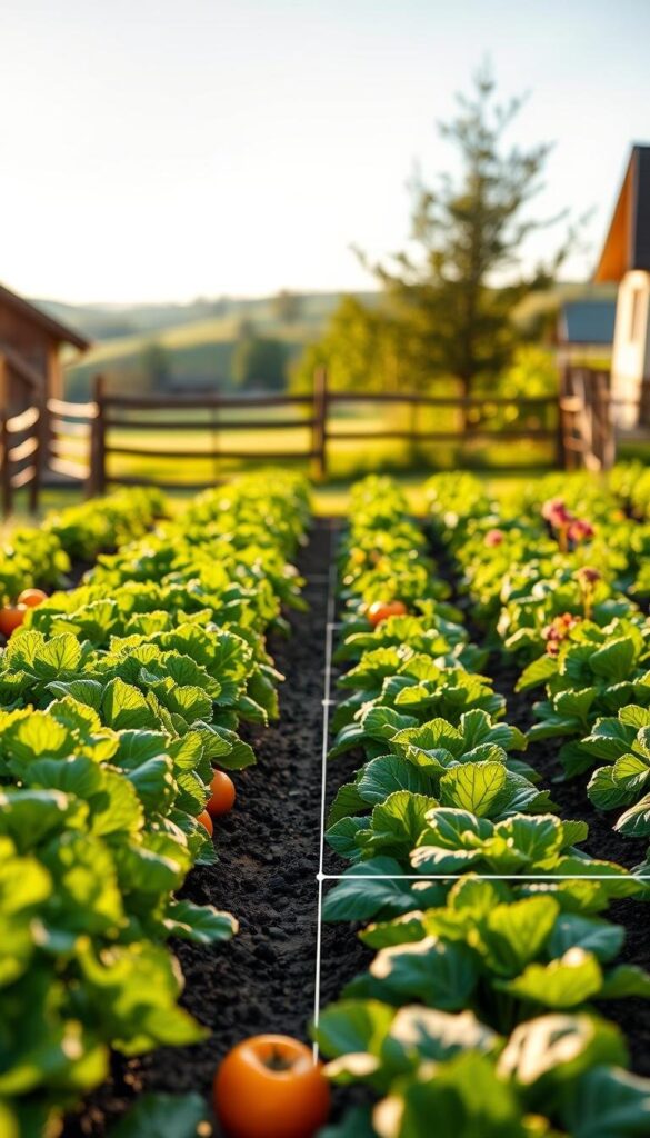 Vibrant vegetable garden layout, showcasing a detailed spacing guide for optimal planting. Crisp, high-resolution image captured with a wide-angle lens, bathed in warm, natural daylight. Lush, verdant foreground featuring various vegetables neatly arranged in rows, with precise spacing measurements indicated. Soft, blurred background of a quaint country setting, with a wooden fence and rolling hills in the distance, creating a serene, inviting atmosphere. The overall composition conveys a sense of order, practicality, and the joy of nurturing a thriving vegetable patch.