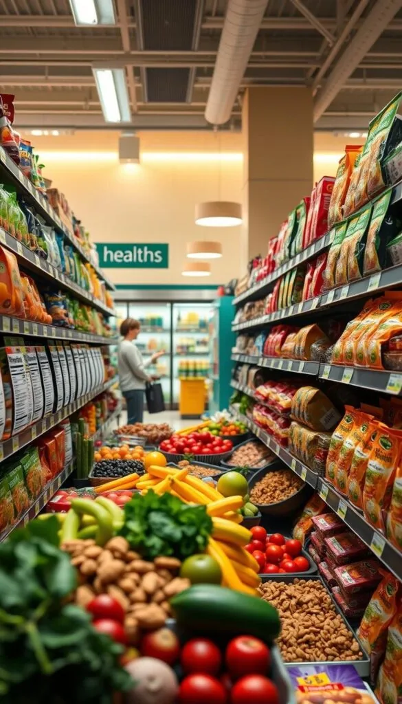 Vibrant, well-lit grocery store aisle showcasing an array of nutritious snack options. In the foreground, a variety of colorful fruits, vegetables, nuts, and whole-grain crackers are neatly arranged on shelves. The middle ground features a shopper inspecting nutrition labels, while the background depicts a clean, modern store interior with warm lighting and minimalist decor. The overall atmosphere conveys a sense of healthy, mindful grocery shopping, with an emphasis on making informed, nutritious choices.