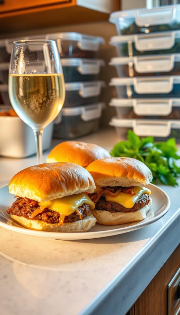 Warm, cozy kitchen counter with a plate of freshly reheated sliders, their soft brioche buns lightly toasted and glistening with melted cheese. A glass of chilled white wine, condensation beading on the surface, sits nearby. Soft, diffused lighting from a nearby window casts a gentle glow, highlighting the tender texture of the meat patties. The aroma of sizzling onions and savory seasonings wafts through the air, inviting a satisfying bite. In the background, a stack of Tupperware containers hints at make-ahead preparation, ready to be reheated for a quick and delicious meal. Warm, cozy kitchen counter with a plate of freshly reheated sliders, their soft brioche buns lightly toasted and glistening with melted cheese. A glass of chilled white wine, condensation beading on the surface, sits nearby. Soft, diffused lighting from a nearby window casts a gentle glow, highlighting the tender texture of the meat patties. The aroma of sizzling onions and savory seasonings wafts through the air, inviting a satisfying bite. In the background, a stack of Tupperware containers hints at make-ahead preparation, ready to be reheated for a quick and delicious meal.