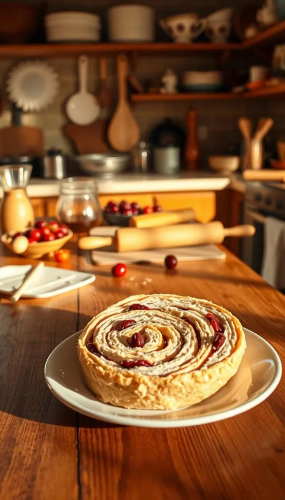 Warm, golden-hued kitchen scene with a rustic wood table in the foreground. On the table, a plate showcasing a freshly prepared turkey and cranberry pinwheel, its spiral layers neatly arranged and beckoning. Soft natural lighting filters in from the side, casting gentle shadows and highlighting the appetizing details of the pinwheel. In the middle ground, various cooking utensils, ingredients, and a rolling pin suggest the step-by-step process of making this delectable dish. The background is slightly blurred, hinting at a cozy, homey atmosphere suitable for the step-by-step guide to this classic recipe.