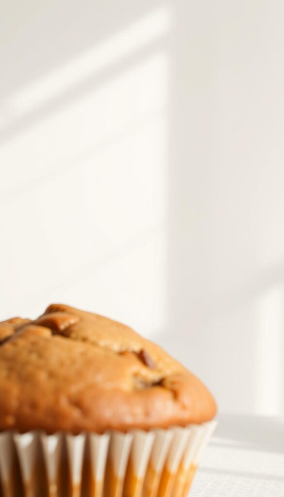 a close-up, high-resolution photograph of a nutritional information label for a healthy whole-grain banana muffin against a clean, minimalist background with soft natural lighting from the side. The label clearly displays the calorie count, macronutrient breakdown, vitamin and mineral content, and any relevant health claims in an organized, easy-to-read format. The muffin itself is visible in the foreground, appearing fresh, moist, and visually appealing. The overall composition is balanced, showcasing the nutritional details while emphasizing the healthy, homemade nature of the muffin.