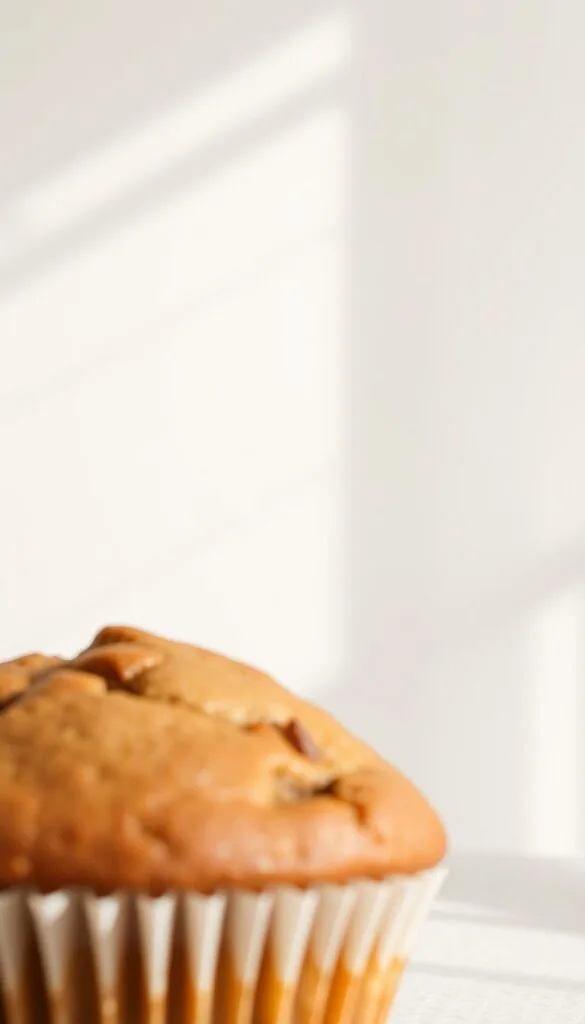 a close-up, high-resolution photograph of a nutritional information label for a healthy whole-grain banana muffin against a clean, minimalist background with soft natural lighting from the side. The label clearly displays the calorie count, macronutrient breakdown, vitamin and mineral content, and any relevant health claims in an organized, easy-to-read format. The muffin itself is visible in the foreground, appearing fresh, moist, and visually appealing. The overall composition is balanced, showcasing the nutritional details while emphasizing the healthy, homemade nature of the muffin.