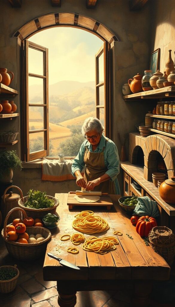 a detailed oil painting of a traditional mediterranean kitchen scene, with an elderly woman standing at a wooden table rolling out dough for homemade pasta, surrounded by woven baskets of fresh produce, a wood-fired oven, and shelves of terracotta pots and jars filled with herbs and spices, with warm, golden lighting filtering through a large open window overlooking a hillside covered in olive groves and vineyards, conveying the timeless, rustic traditions of the mediterranean diet. a detailed oil painting of a traditional mediterranean kitchen scene, with an elderly woman standing at a wooden table rolling out dough for homemade pasta, surrounded by woven baskets of fresh produce, a wood-fired oven, and shelves of terracotta pots and jars filled with herbs and spices, with warm, golden lighting filtering through a large open window overlooking a hillside covered in olive groves and vineyards, conveying the timeless, rustic traditions of the mediterranean diet.