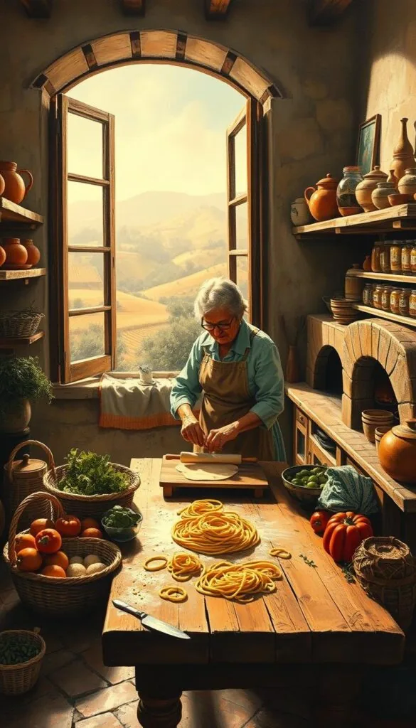 a detailed oil painting of a traditional mediterranean kitchen scene, with an elderly woman standing at a wooden table rolling out dough for homemade pasta, surrounded by woven baskets of fresh produce, a wood-fired oven, and shelves of terracotta pots and jars filled with herbs and spices, with warm, golden lighting filtering through a large open window overlooking a hillside covered in olive groves and vineyards, conveying the timeless, rustic traditions of the mediterranean diet. a detailed oil painting of a traditional mediterranean kitchen scene, with an elderly woman standing at a wooden table rolling out dough for homemade pasta, surrounded by woven baskets of fresh produce, a wood-fired oven, and shelves of terracotta pots and jars filled with herbs and spices, with warm, golden lighting filtering through a large open window overlooking a hillside covered in olive groves and vineyards, conveying the timeless, rustic traditions of the mediterranean diet.