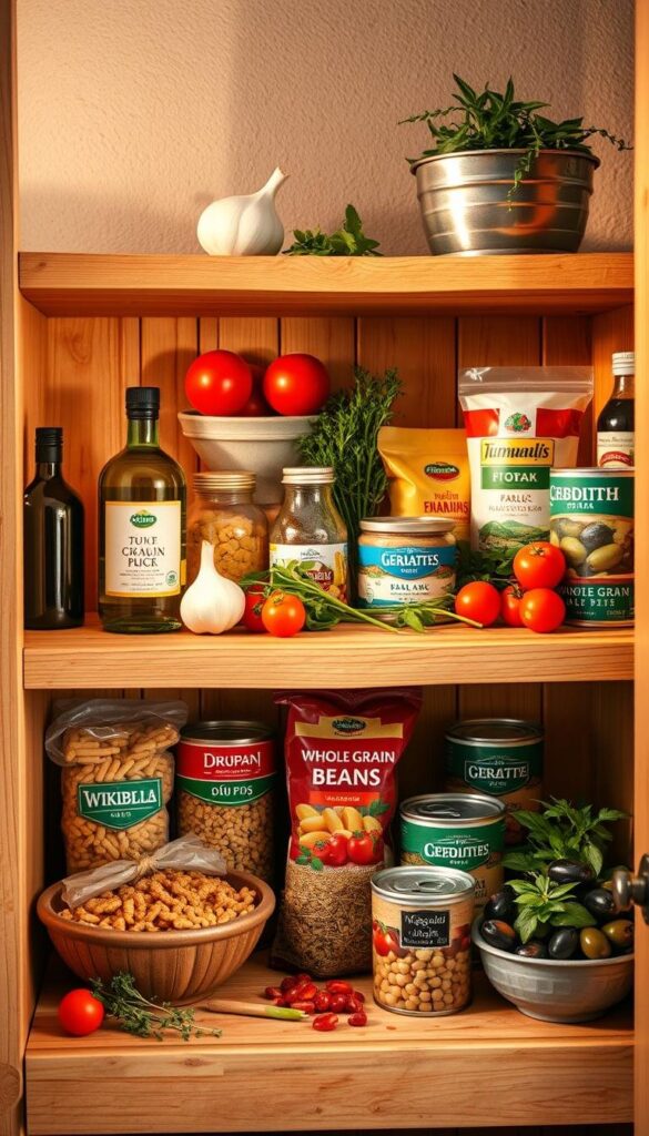 a high-quality, photorealistic image of a Mediterranean diet pantry, featuring a well-lit, rustic wooden shelf displaying an array of essential ingredients including olive oil, garlic, tomatoes, fresh herbs, whole-grain pasta, canned beans, and olives. The scene is shot from a slightly elevated angle to showcase the colorful and neatly organized items, creating a welcoming and inviting atmosphere. The lighting is warm and natural, accentuating the vibrant hues of the produce and the earthy tones of the wooden shelf. The overall composition conveys the simplicity, freshness, and health-focused nature of the Mediterranean diet. a high-quality, photorealistic image of a Mediterranean diet pantry, featuring a well-lit, rustic wooden shelf displaying an array of essential ingredients including olive oil, garlic, tomatoes, fresh herbs, whole-grain pasta, canned beans, and olives. The scene is shot from a slightly elevated angle to showcase the colorful and neatly organized items, creating a welcoming and inviting atmosphere. The lighting is warm and natural, accentuating the vibrant hues of the produce and the earthy tones of the wooden shelf. The overall composition conveys the simplicity, freshness, and health-focused nature of the Mediterranean diet.