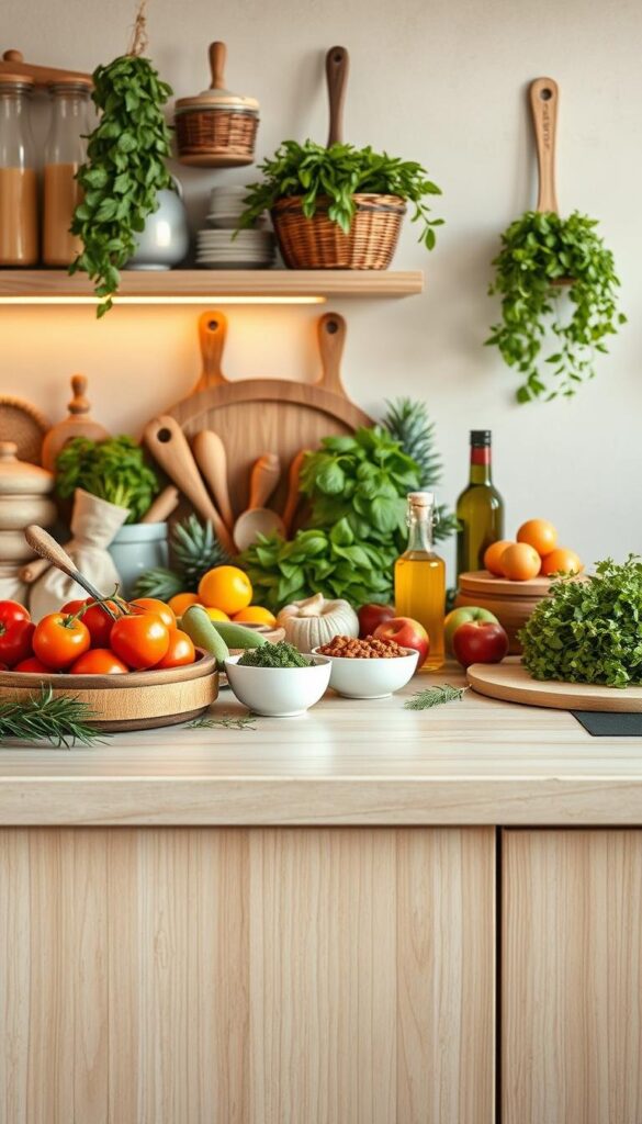 a mediterranean kitchen counter with fresh ingredients and kitchen utensils arranged in a visually appealing way, conveying the healthy and vibrant nature of the mediterranean diet. the counter is made of light-colored wood or stone, with a neutral background that allows the food items to take center stage. the lighting is soft and natural, casting a warm glow over the scene. the arrangement includes a variety of fruits, vegetables, herbs, olive oil, and other staples of the mediterranean cuisine, carefully placed to create a balanced and visually striking composition. the overall mood is one of simplicity, freshness, and the joy of healthy, flavorful eating. a mediterranean kitchen counter with fresh ingredients and kitchen utensils arranged in a visually appealing way, conveying the healthy and vibrant nature of the mediterranean diet. the counter is made of light-colored wood or stone, with a neutral background that allows the food items to take center stage. the lighting is soft and natural, casting a warm glow over the scene. the arrangement includes a variety of fruits, vegetables, herbs, olive oil, and other staples of the mediterranean cuisine, carefully placed to create a balanced and visually striking composition. the overall mood is one of simplicity, freshness, and the joy of healthy, flavorful eating.