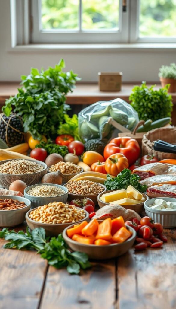 a neatly arranged assortment of fresh, whole foods on a rustic wooden table, including vibrant fruits and vegetables, whole grains, lean proteins, and healthy fats. the items are illuminated by soft, natural lighting from a large window, casting a warm, inviting glow. the background is blurred, emphasizing the focus on the clean, nutritious ingredients. the scene conveys a sense of simplicity, purity, and the benefits of a wholesome, minimally processed diet.