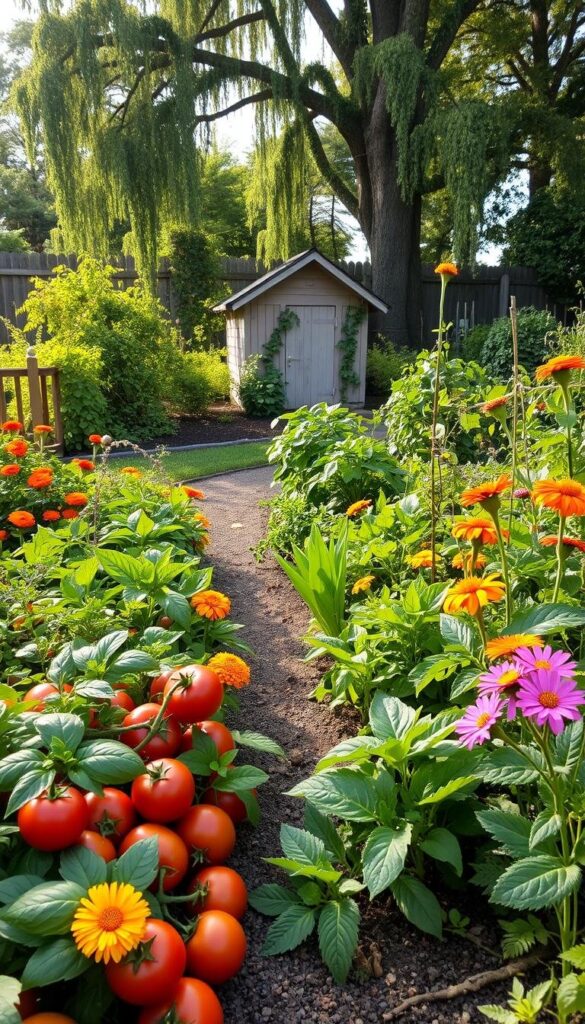 a vibrant, lush garden scene showcasing the principles of companion planting in natural cultivation. In the foreground, a variety of healthy vegetables and herbs grow together in harmonious arrangement - tomatoes, basil, marigolds, and leafy greens thriving side-by-side. The middle ground features a gently winding path through the garden, bordered by flowering plants that attract pollinators. In the background, a fence is draped with vines, and a small, rustic shed sits amid towering trees, casting soft, natural lighting across the scene. The overall atmosphere conveys a sense of abundance, balance, and ecological interconnectedness. a vibrant, lush garden scene showcasing the principles of companion planting in natural cultivation. In the foreground, a variety of healthy vegetables and herbs grow together in harmonious arrangement - tomatoes, basil, marigolds, and leafy greens thriving side-by-side. The middle ground features a gently winding path through the garden, bordered by flowering plants that attract pollinators. In the background, a fence is draped with vines, and a small, rustic shed sits amid towering trees, casting soft, natural lighting across the scene. The overall atmosphere conveys a sense of abundance, balance, and ecological interconnectedness.