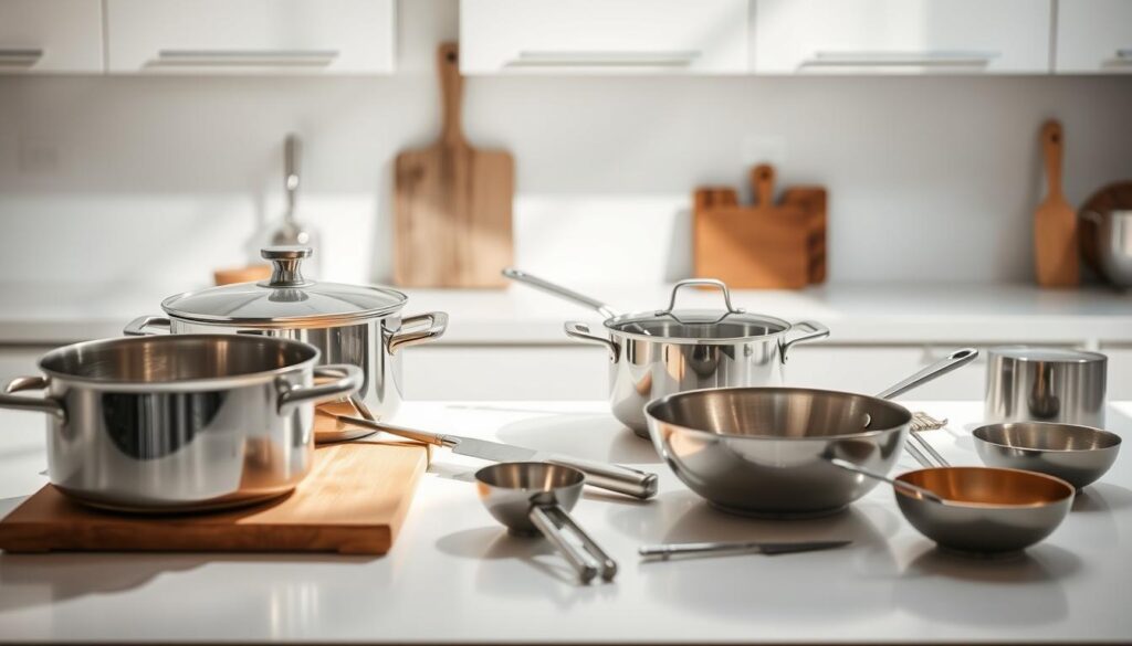 a well-lit modern kitchen countertop with a variety of stainless steel and ceramic cookware and utensils neatly arranged, including a large pot, a skillet, a mixing bowl, a cutting board, a chef's knife, a ladle, and a whisk, all casting soft shadows on the clean, smooth surface, with a minimalist aesthetic and a sense of order and functionality a well-lit modern kitchen countertop with a variety of stainless steel and ceramic cookware and utensils neatly arranged, including a large pot, a skillet, a mixing bowl, a cutting board, a chef's knife, a ladle, and a whisk, all casting soft shadows on the clean, smooth surface, with a minimalist aesthetic and a sense of order and functionality