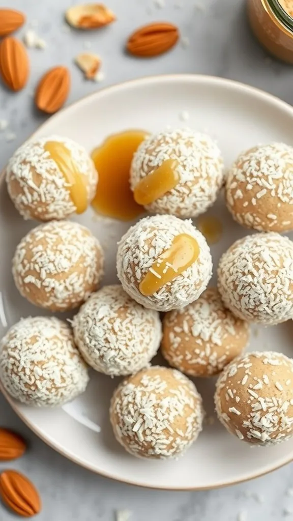 A plate of almond butter protein balls sprinkled with coconut flakes, topped with a drizzle of almond butter.