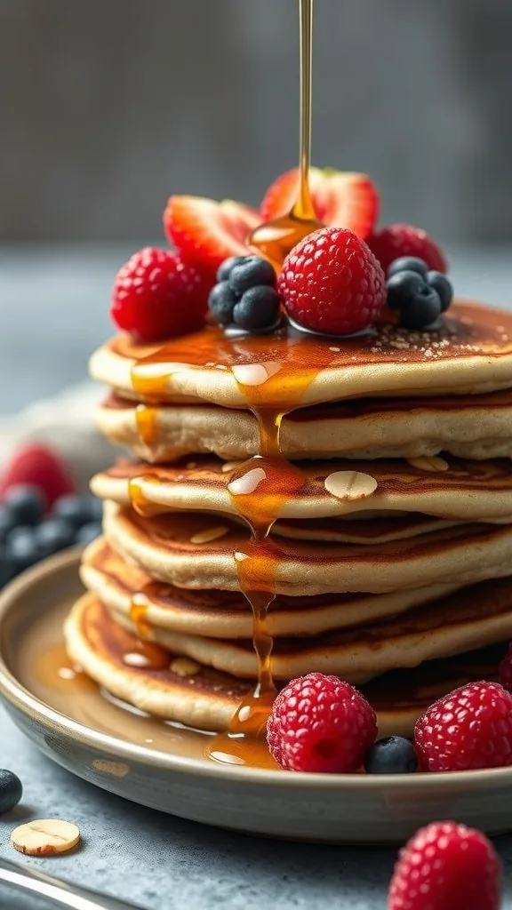 A stack of almond flour pancakes topped with strawberries, blueberries, raspberries, and syrup.