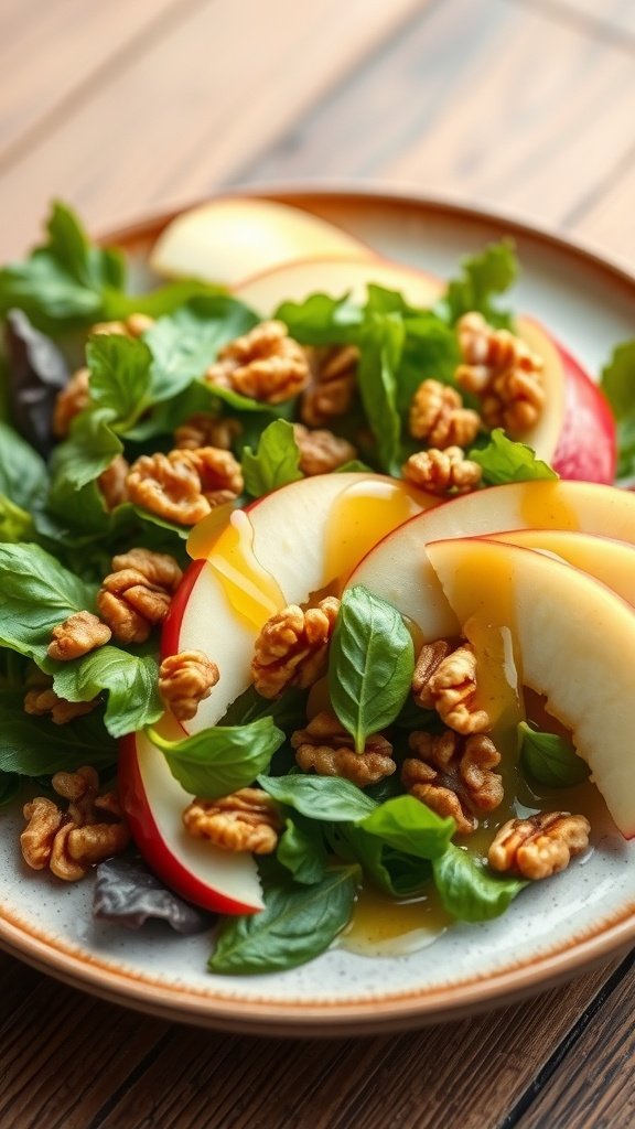A colorful salad with apple slices, walnuts, greens, and honey dressing on a rustic wooden table.