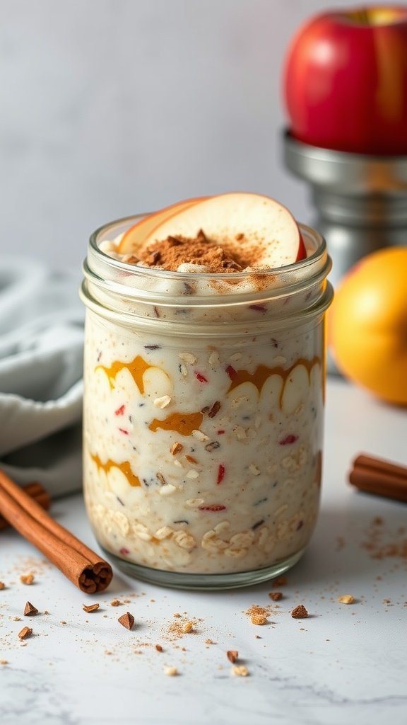 A jar of apple cinnamon overnight oats topped with apple slices and cinnamon, beside fresh apples and cinnamon sticks.