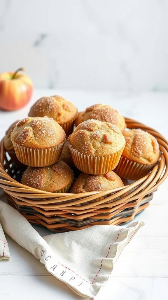 A basket of freshly baked apple muffins topped with cinnamon sugar, with a red apple in the background.