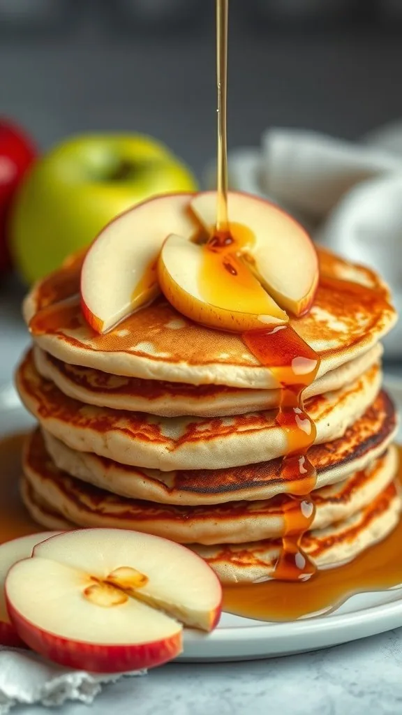 Stack of apple pancakes topped with syrup and fresh apple slices