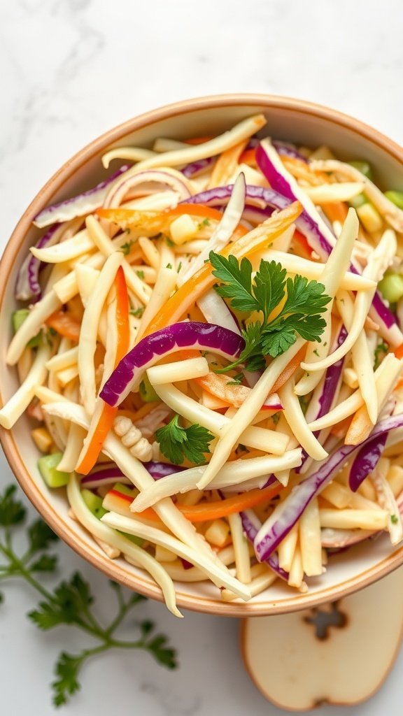A vibrant bowl of apple slaw with shredded apples, purple cabbage, and colorful peppers, garnished with fresh parsley.