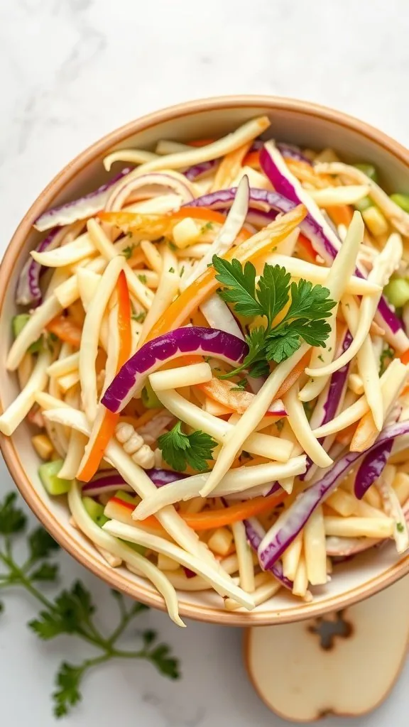 A vibrant bowl of apple slaw with shredded apples, purple cabbage, and colorful peppers, garnished with fresh parsley.