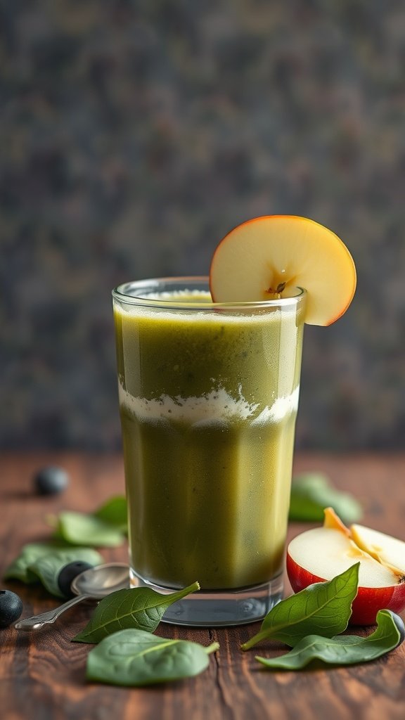 A refreshing apple smoothie with spinach and yogurt in a glass, topped with an apple slice, surrounded by spinach leaves and an apple.