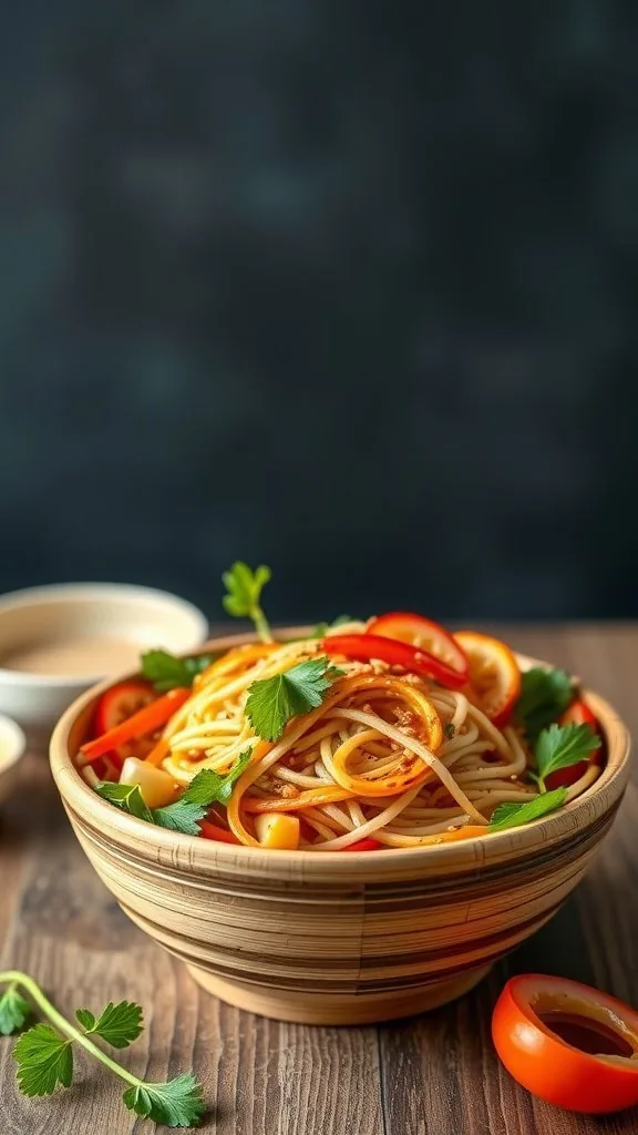 A colorful bowl of Asian noodle salad with sesame dressing and fresh vegetables.