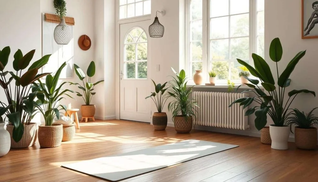 Bright living room with an exercise mat on a wood floor and space cleared for a home workout