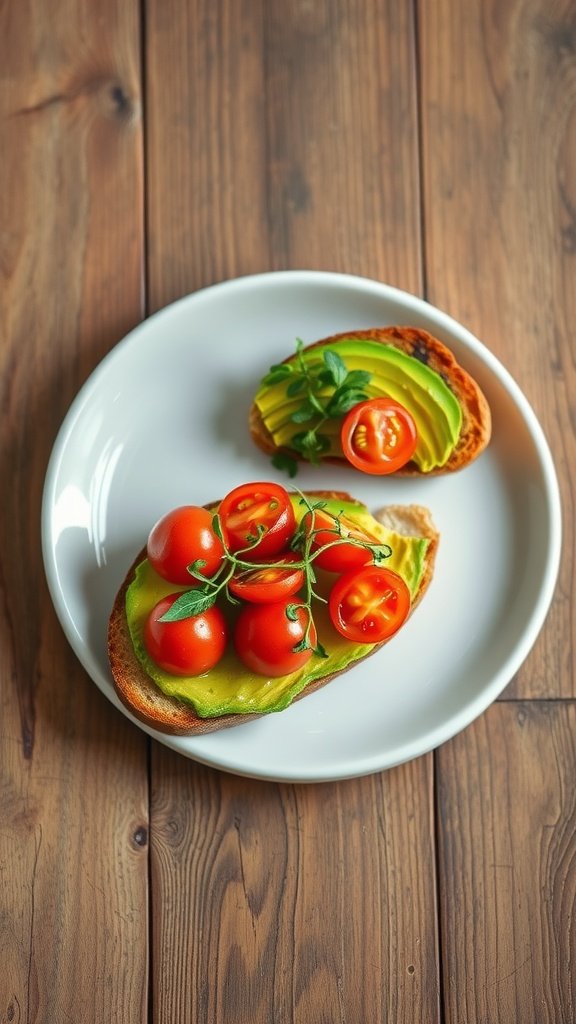A plate of avocado toast topped with cherry tomatoes on a wooden table.
