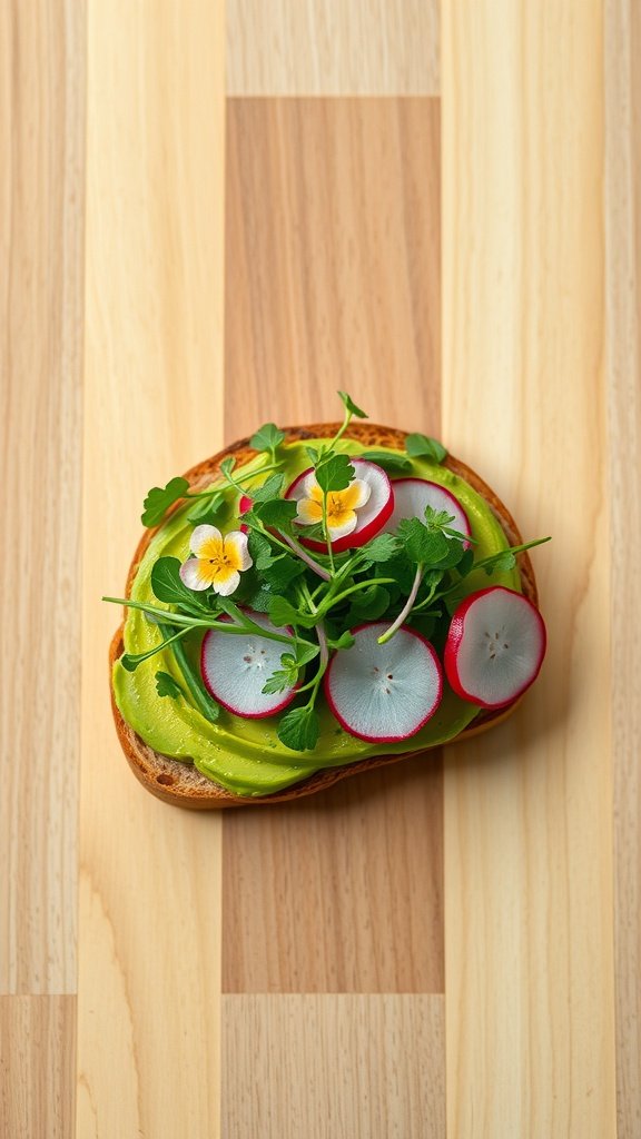 Avocado toast topped with sprouts and radish slices on wooden surface