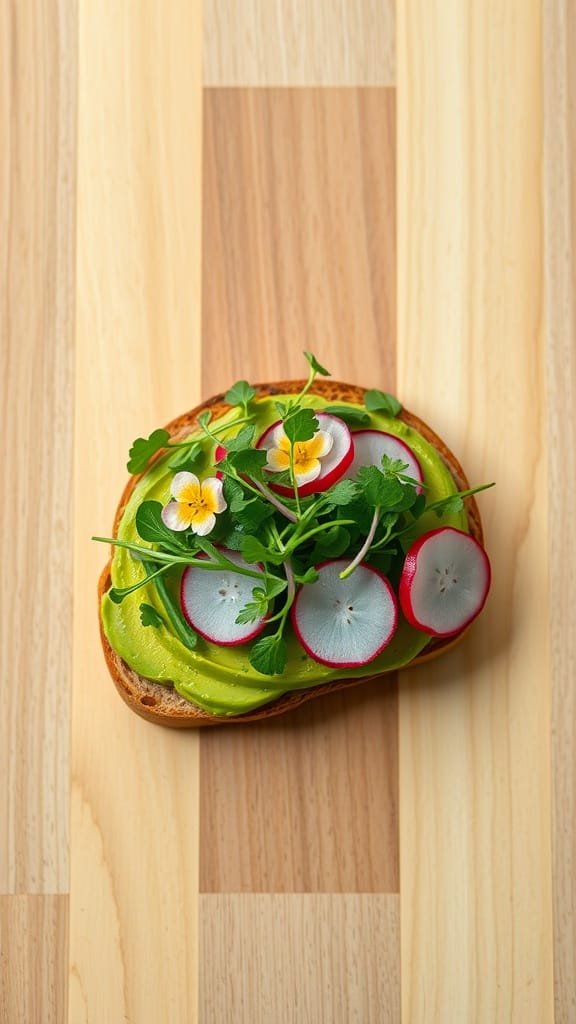 Avocado toast topped with sprouts and radish slices on wooden surface