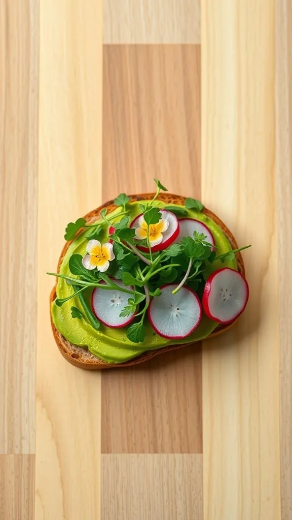 Avocado toast topped with sprouts and radish slices on wooden surface