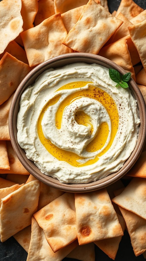 Baba Ganoush in a bowl surrounded by crispy pita chips, drizzled with olive oil and topped with spices.