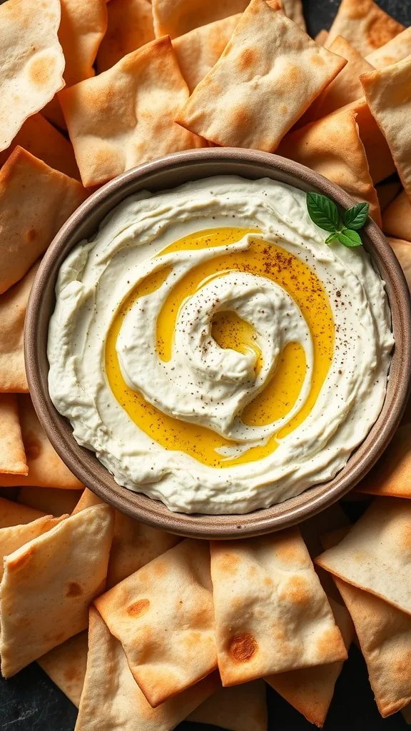 Baba Ganoush in a bowl surrounded by crispy pita chips, drizzled with olive oil and topped with spices.