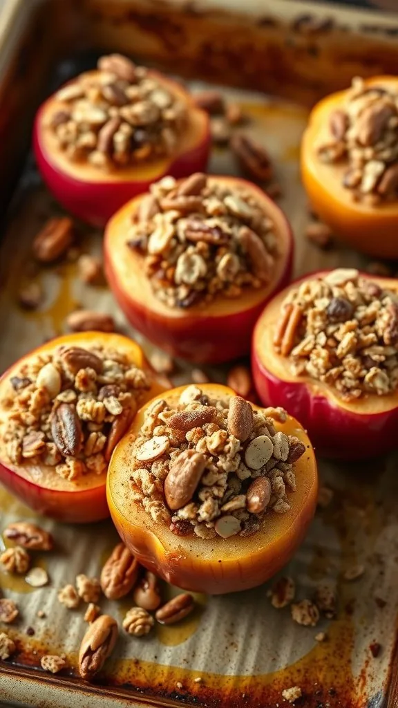 Baked apples stuffed with granola, showing a mix of colorful apples topped with crunchy granola.