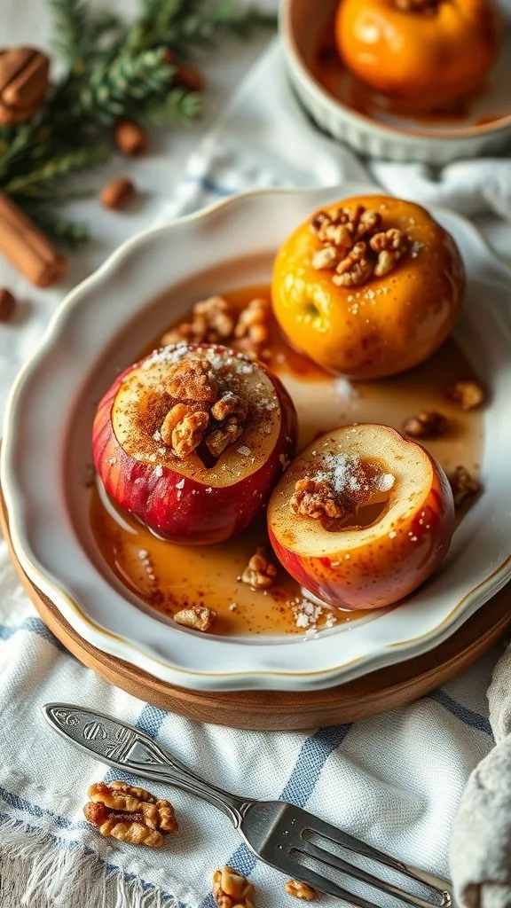 A plate of baked apples topped with walnuts and cinnamon.