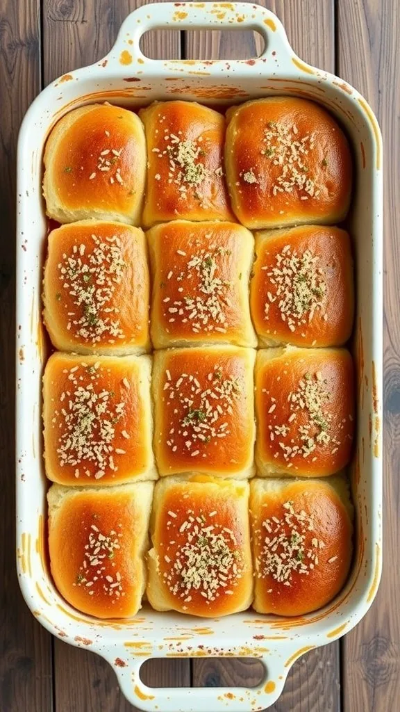 A baked dish of golden brown ham and cheese sliders topped with herbs and Parmesan.