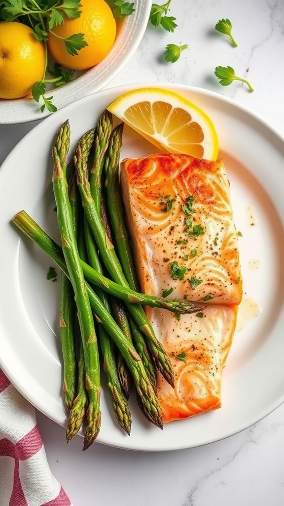 A plate with baked salmon fillet, asparagus, and lemon slices, garnished with herbs.