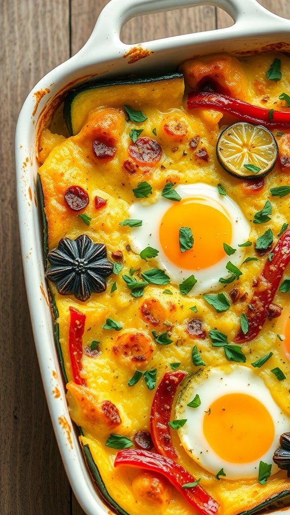 A colorful baked zucchini and egg casserole with red peppers and eggs, garnished with herbs