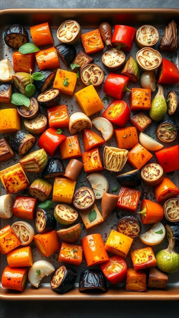 Colorful tray of balsamic roasted vegetables including bell peppers, eggplants, and onions.