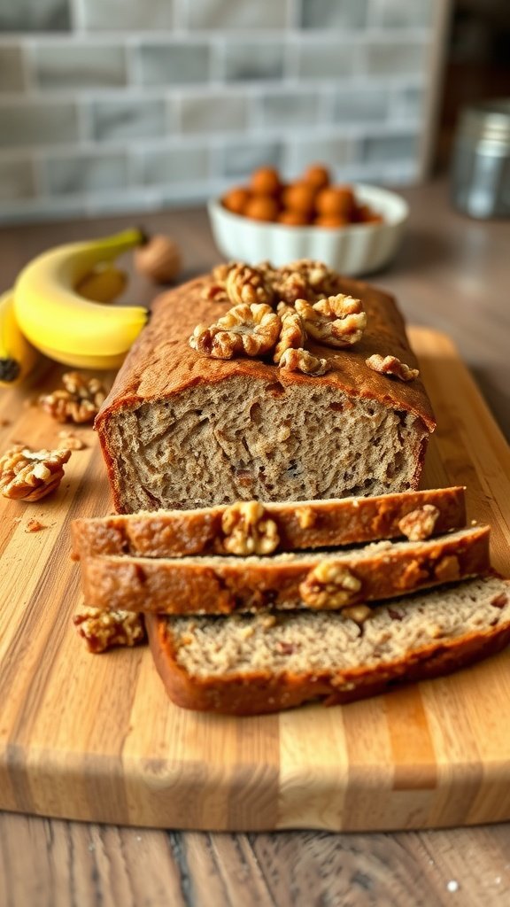 A freshly baked banana bread with walnuts on a wooden cutting board, surrounded by ripe bananas and walnuts.