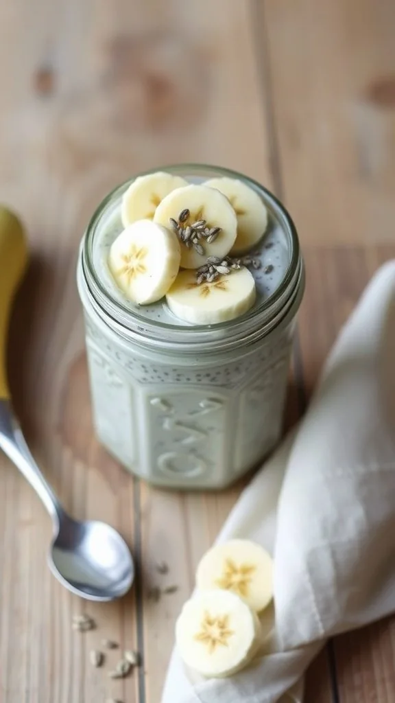 A jar of banana chia seed pudding topped with banana slices and chia seeds on a wooden table.