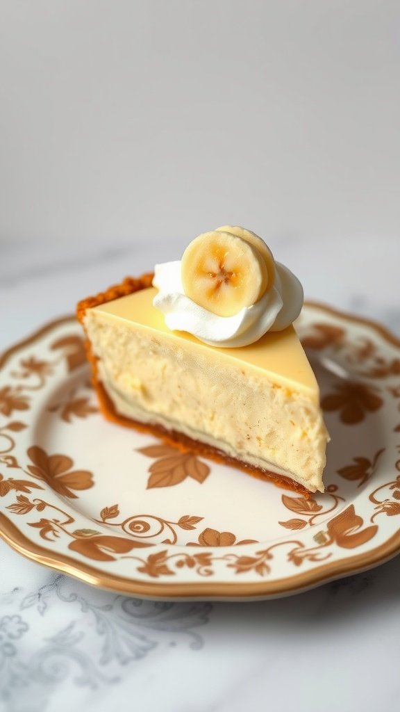 A slice of banana cream pie topped with whipped cream and banana slices on a floral plate.