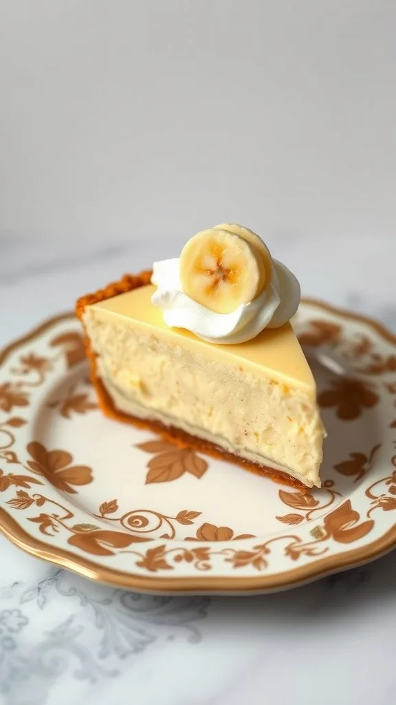 A slice of banana cream pie topped with whipped cream and banana slices on a floral plate.