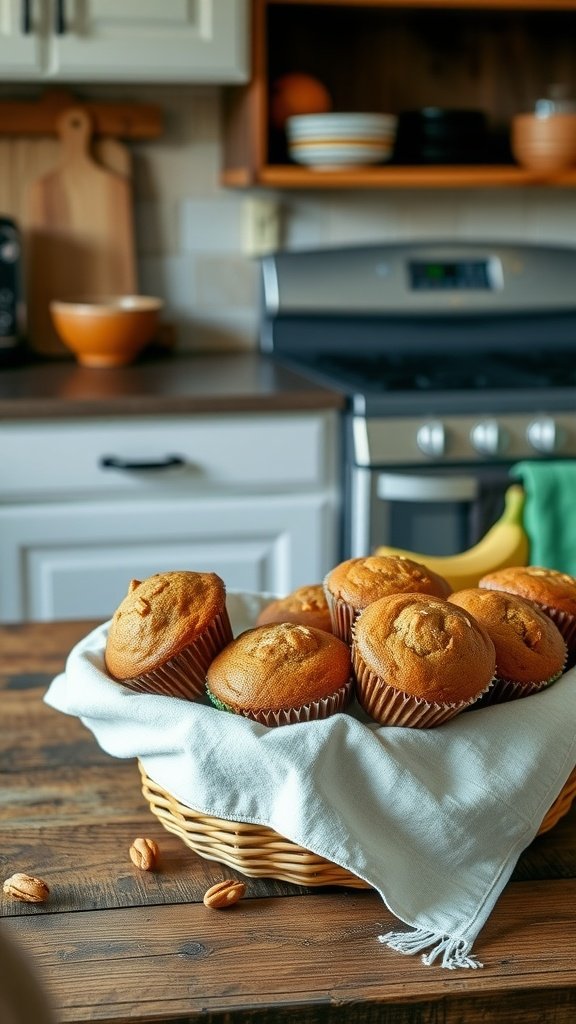 A basket of freshly baked banana nut muffins on a kitchen table, with some pecans scattered nearby.