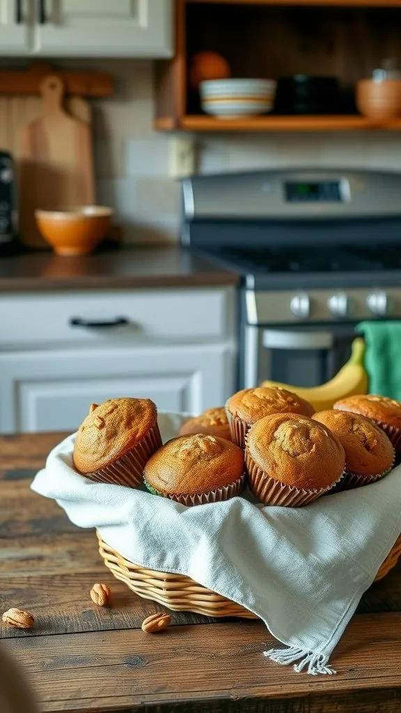A basket of freshly baked banana nut muffins on a kitchen table, with some pecans scattered nearby.