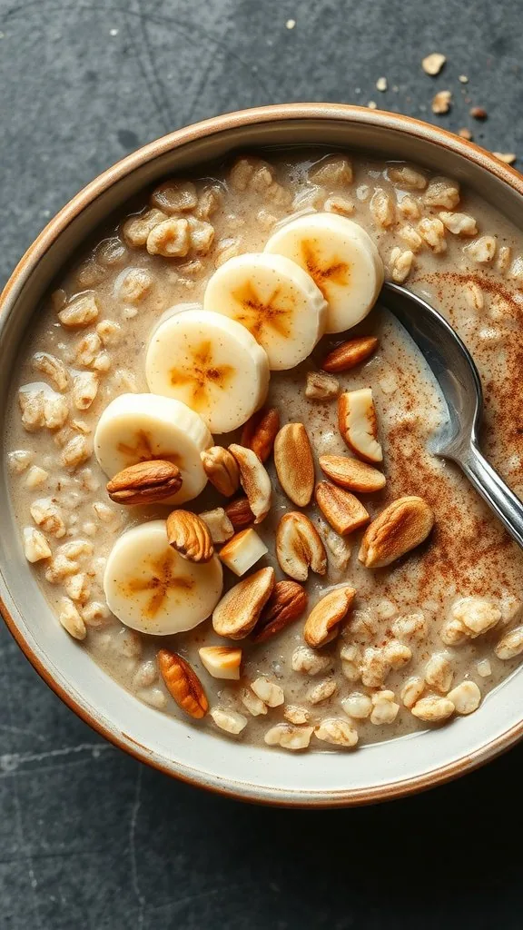 A bowl of banana nut oatmeal topped with sliced bananas and nuts.